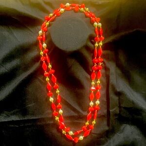 Elegant Red and Gold Tone Beaded Necklace